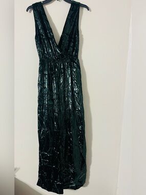 NWT Line & Dot Soft Emerald Green Strappy Velvety Foil jumpsuit Sz XS